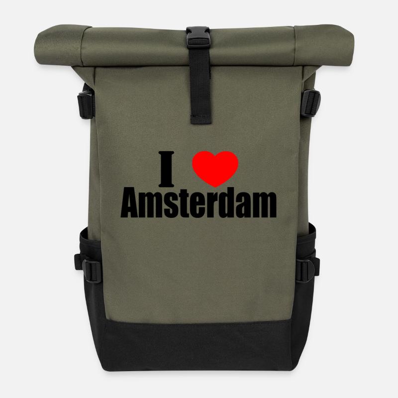 Ich liebe Amsterdam - Rolltop Rucksack - Olive/Schwarz