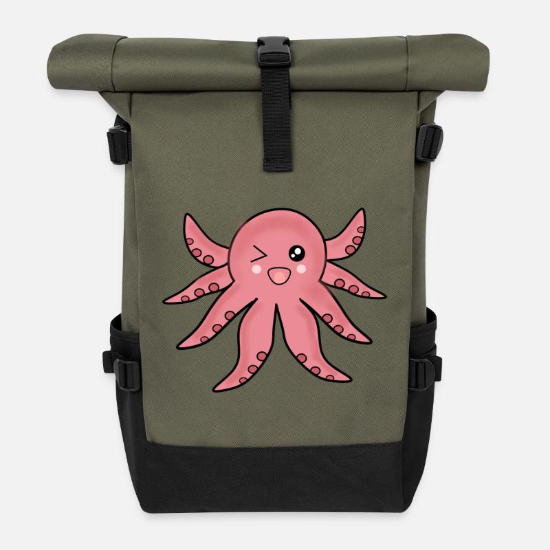 Kawaii Tiere Oktopus - Rolltop Rucksack - Olive/Schwarz