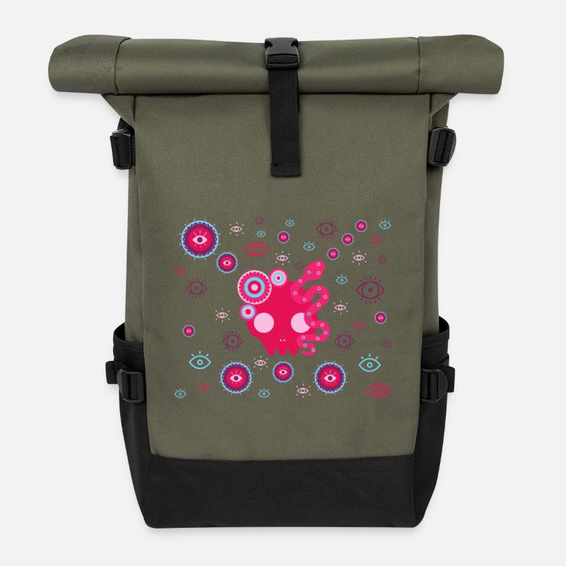 Pink Tentacle Eyes - Roll Top Backpack - olive/black