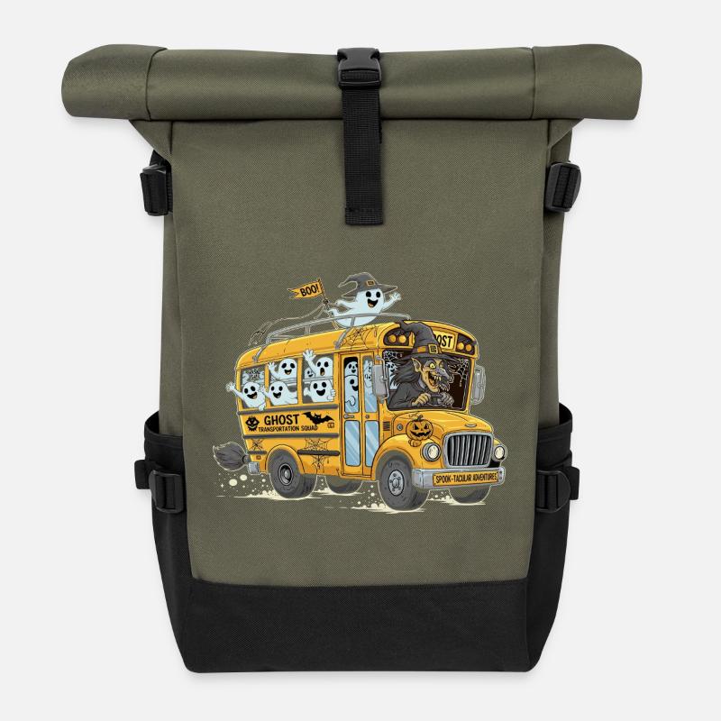 Haunted Ghost Bus Halloween Design - Roll Top Backpack - olive/black