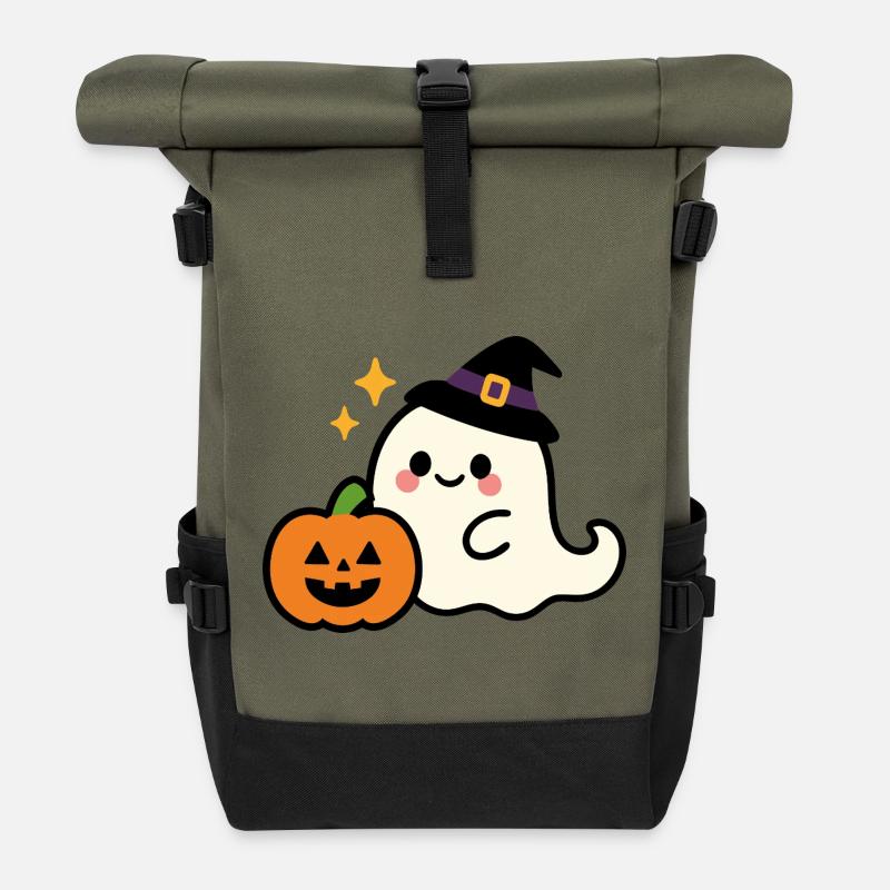 Cute But Spooky – Halloween Kawaii Ghost - Roll Top Backpack - olive/black