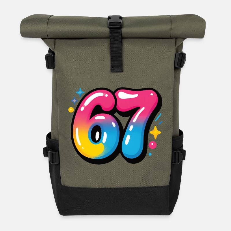 67 bunt sechs sieben bunte Luftballons - Rolltop Rucksack - Olive/Schwarz