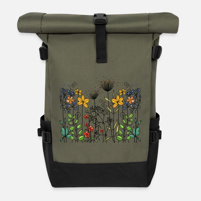 Blumen - Rolltop Rucksack - Olive/Schwarz