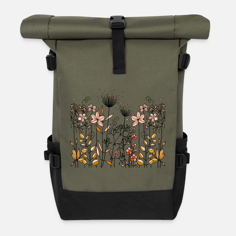 Blumen - Rolltop Rucksack - Olive/Schwarz