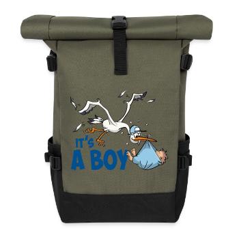 Stork with baby boy; "It's a boy" - Roll Top Backpack - olive/black - Front