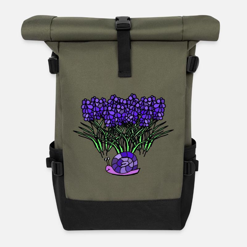 Purple Flower Greeting with Snail Lavender Flower - Roll Top Backpack - olive/black