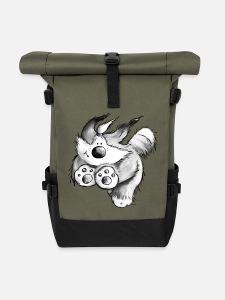 Flying Bearded Collie - Hund - Rolltop Rucksack - Olive/Schwarz