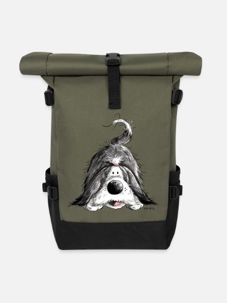 Fröhlicher Bearded Collie - Rolltop Rucksack - Olive/Schwarz