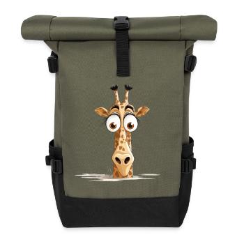 Giraffe Peeking Cute Adorable Funny Animal Cartoon - Roll Top Backpack - olive/black - Front