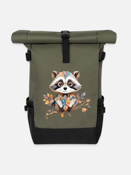 Waschbär Verspielt Entzückend Spaß Tier Bunt Niedlich - Rolltop Rucksack - Olive/Schwarz