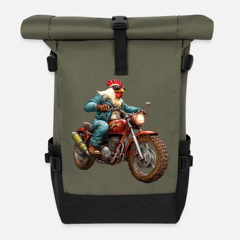 Hühner Motorrad - Rolltop Rucksack - Olive/Schwarz