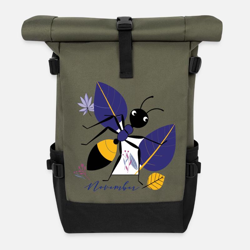 November Vogel mit Blättern im Herbst - Rolltop Rucksack - Olive/Schwarz