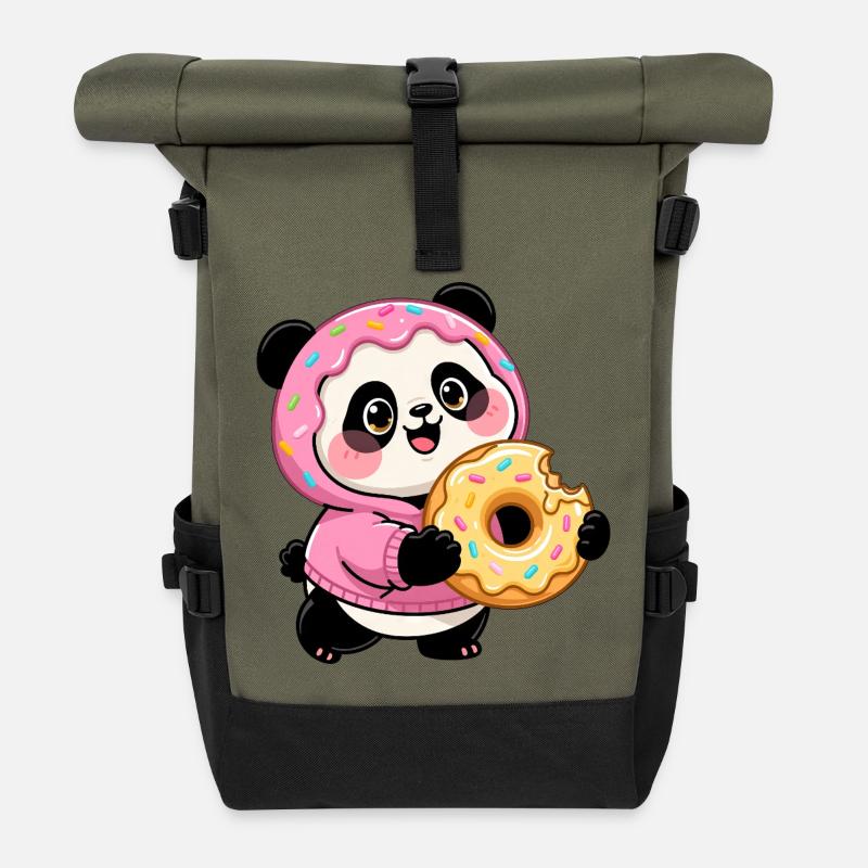 Lustiger Panda mit Donut Halloween Süßigkeit  - Rolltop Rucksack - Olive/Schwarz