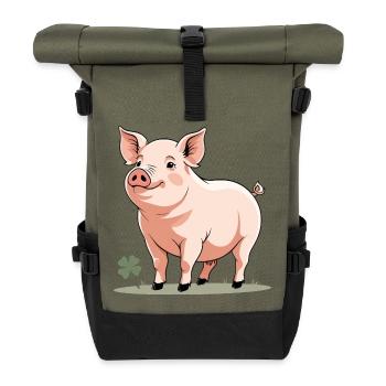 Cuddly Spring Pig Cartoon - Roll Top Backpack - olive/black - Front