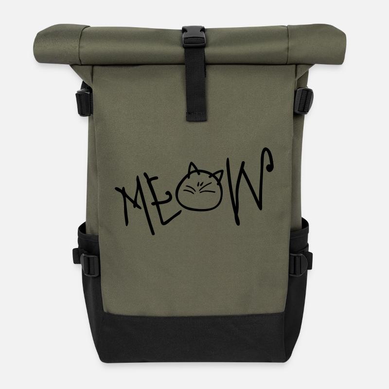 MEOW Text Katze - Rolltop Rucksack - Olive/Schwarz
