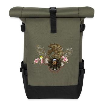 Dieses einzigartige Steampunk-Pferd mit Blumen - Rolltop Rucksack - Olive/Schwarz - Vorne