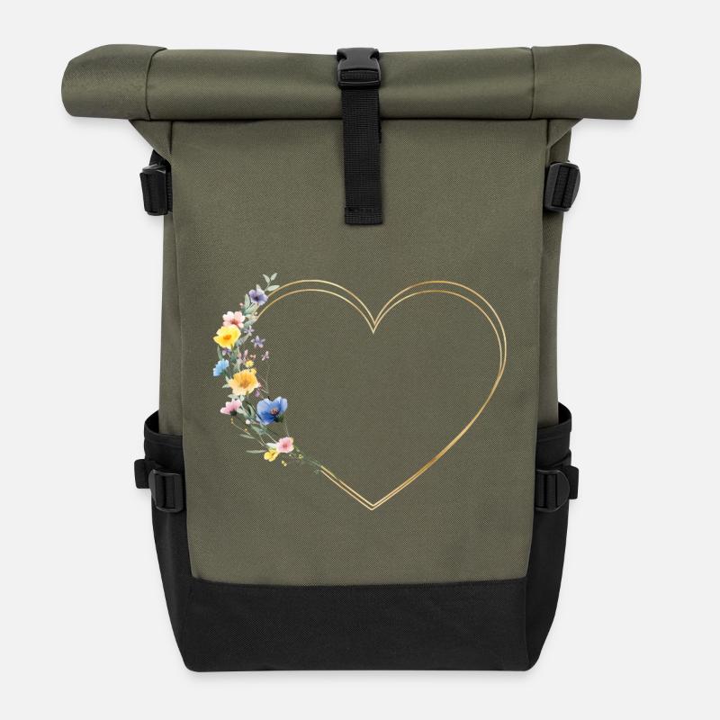 Herz & Wildblumen Personalisierbar - Rolltop Rucksack - Olive/Schwarz