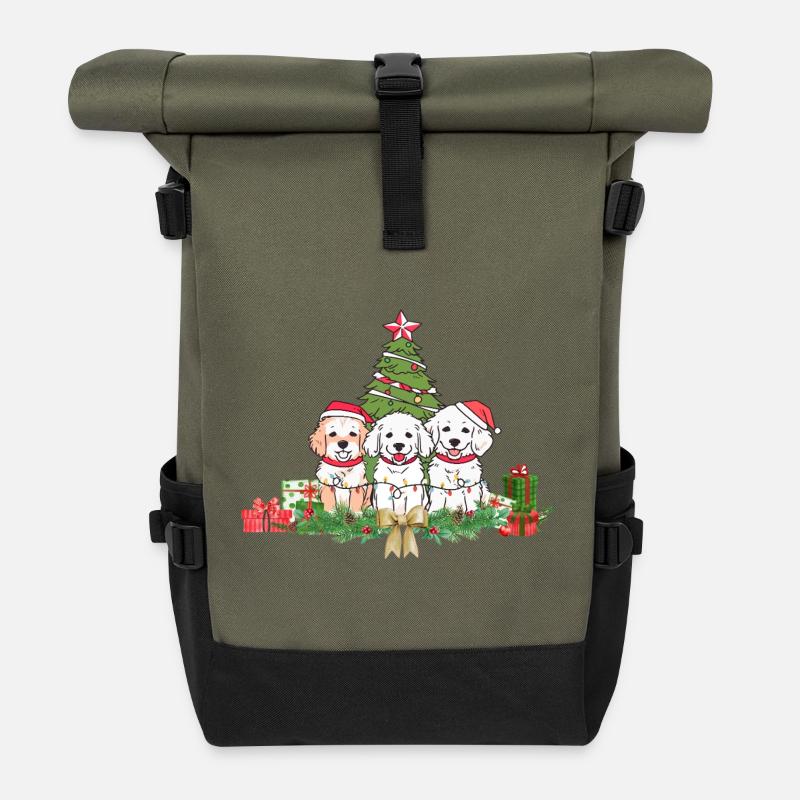 Festive Puppies and Christmas Tree Design - Roll Top Backpack - olive/black