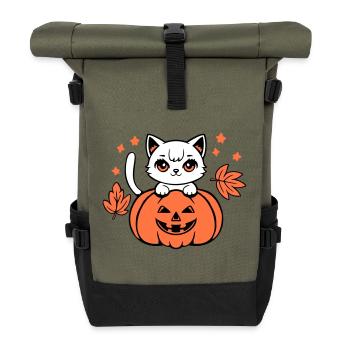 Herbst Katze Weiß Kürbis Ahorn Blatt Süß Halloween - Rolltop Rucksack - Olive/Schwarz - Vorne