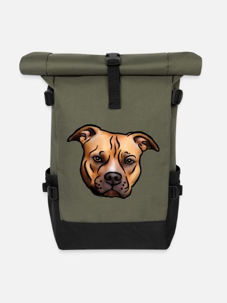 Staffordshire Terrier Kopf - Rolltop Rucksack - Olive/Schwarz