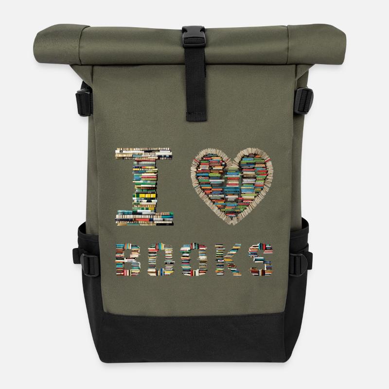 Ich liebe Bücher / Bücherfan - Rolltop Rucksack - Olive/Schwarz