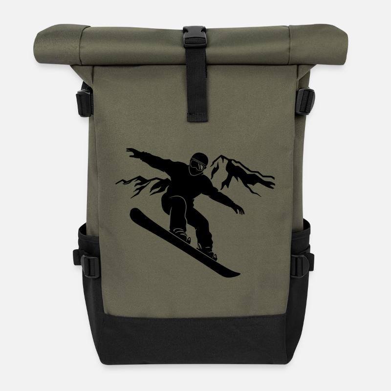 Snowboarder Schattenbild mit Bergpanorama - Rolltop Rucksack - Olive/Schwarz