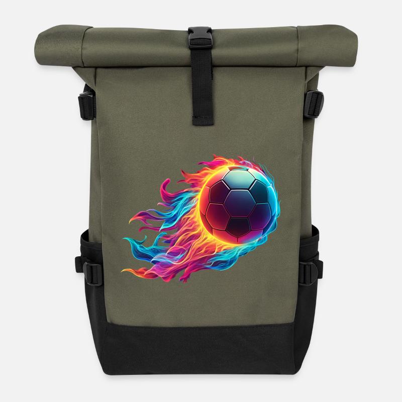 Fiery Football - Soccer Ball Fire - Roll Top Backpack - olive/black