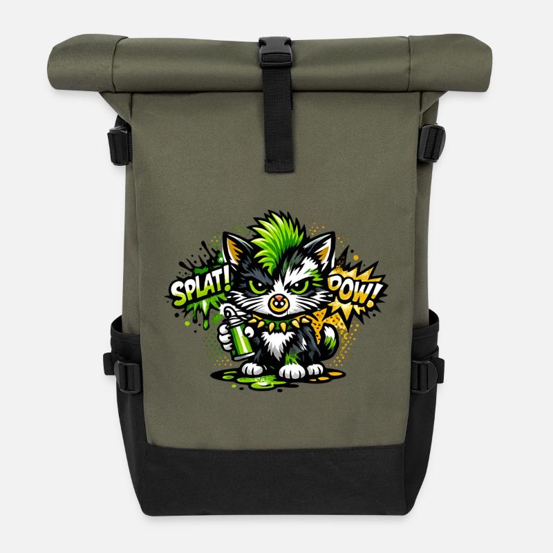 Neon Graffiti Kätzchen Sprayer - Rolltop Rucksack - Olive/Schwarz