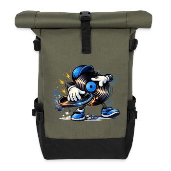 DJ Vinyl Record with Turntable – Urban Music Style - Roll Top Backpack - olive/black - Front