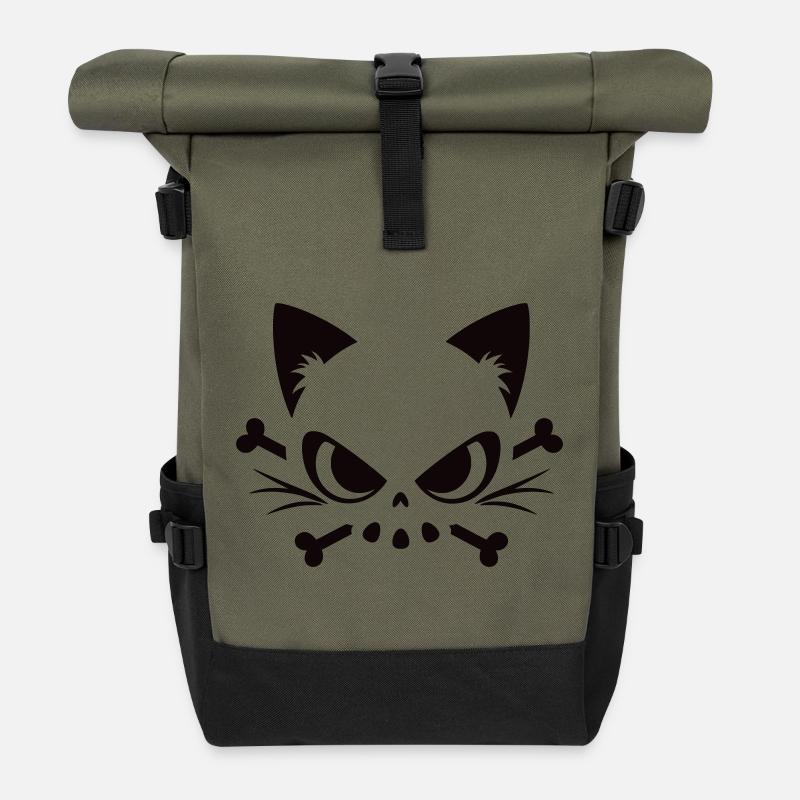 Crâne de chat | Motif minimaliste de Skull & Bones - Sac à dos roll top - olive/noir