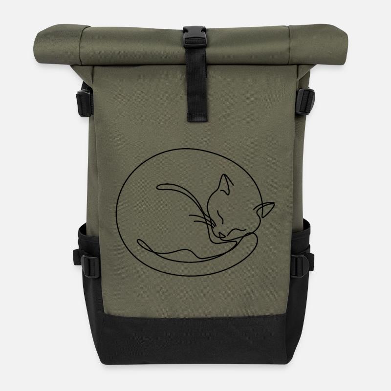 Minimalistische schlafende Katzen-Einzeilen-Kunst - Rolltop Rucksack - Olive/Schwarz
