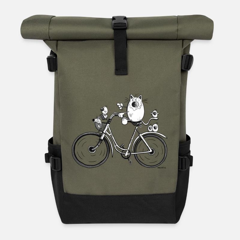 Katze auf Radtour - Rolltop Rucksack - Olive/Schwarz