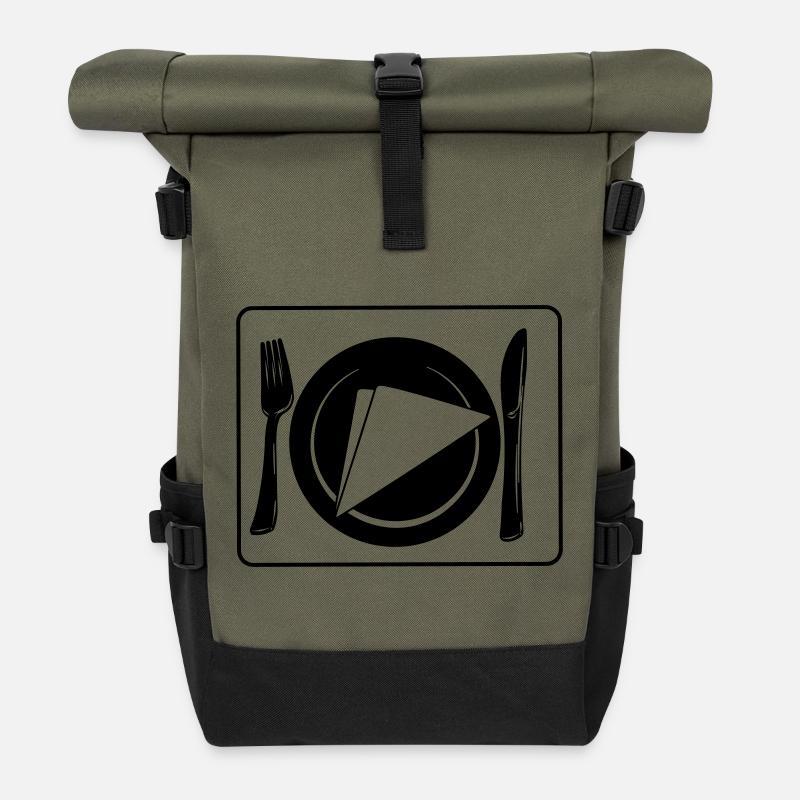 Couteau et fourchette sur napperon avec assiette et serviette - Sac à dos roll top - olive/noir