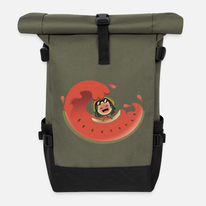 Surfende Wassermelone - Rolltop Rucksack - Olive/Schwarz