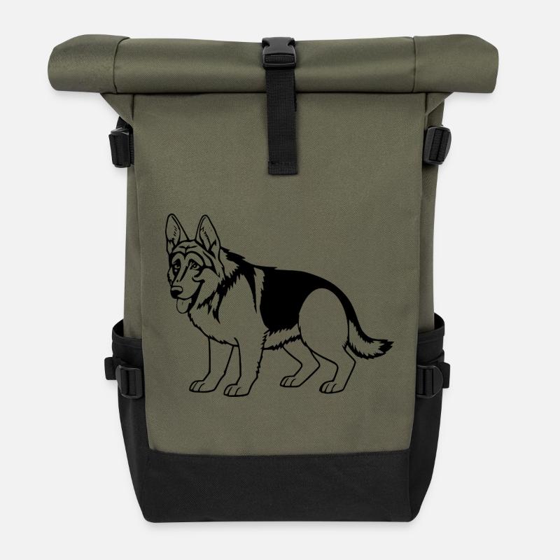 Schäferhund Hund - Rolltop Rucksack - Olive/Schwarz
