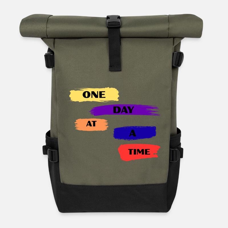 One Day At A Time Brush Quote - Roll Top Backpack - olive/black