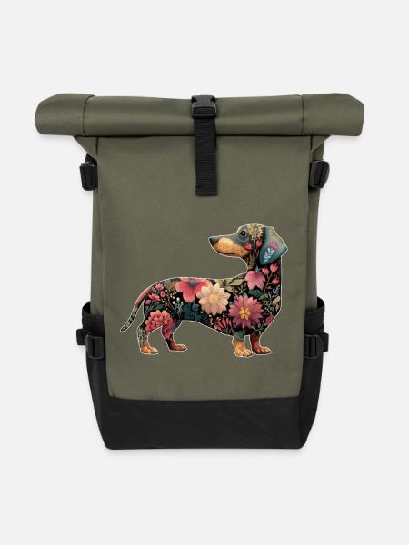 Dackel Dachshund Floral Blumen - Rolltop Rucksack - Olive/Schwarz