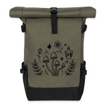 Witchy Mushroom Botanical Cottagecore Design - Roll Top Backpack - olive/black - Front