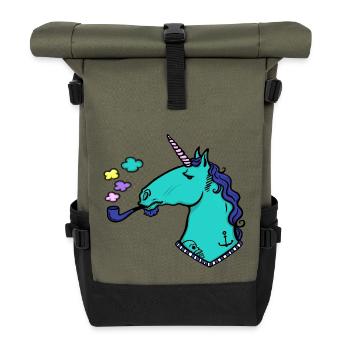 Einhorn + Pfeife + Tattoo - Rolltop Rucksack - Olive/Schwarz - Vorne