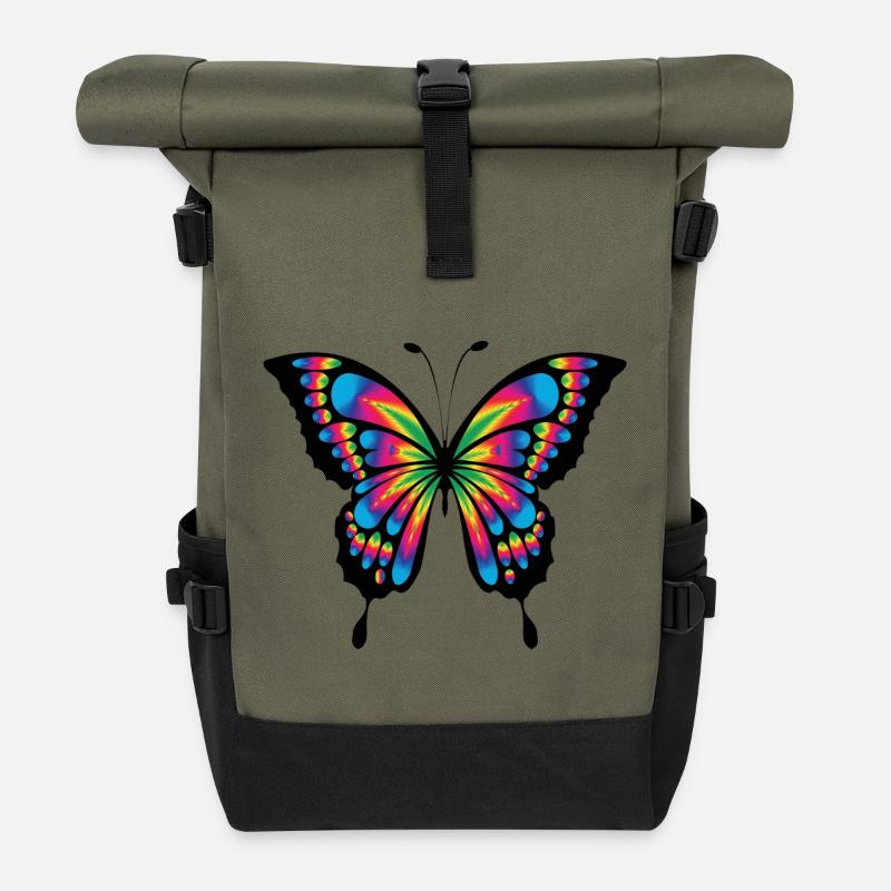 Psychedelische Schmetterlingsmehrfarben - Rolltop Rucksack - Olive/Schwarz