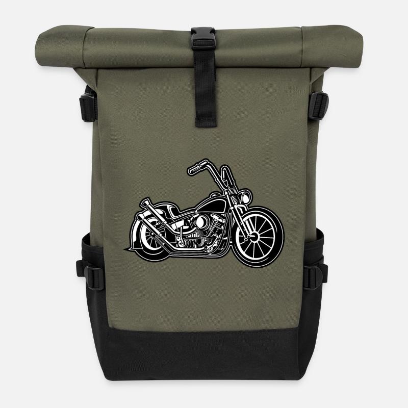 Chopper / Bobber Motorrad 02 schwarz weiß - Rolltop Rucksack - Olive/Schwarz