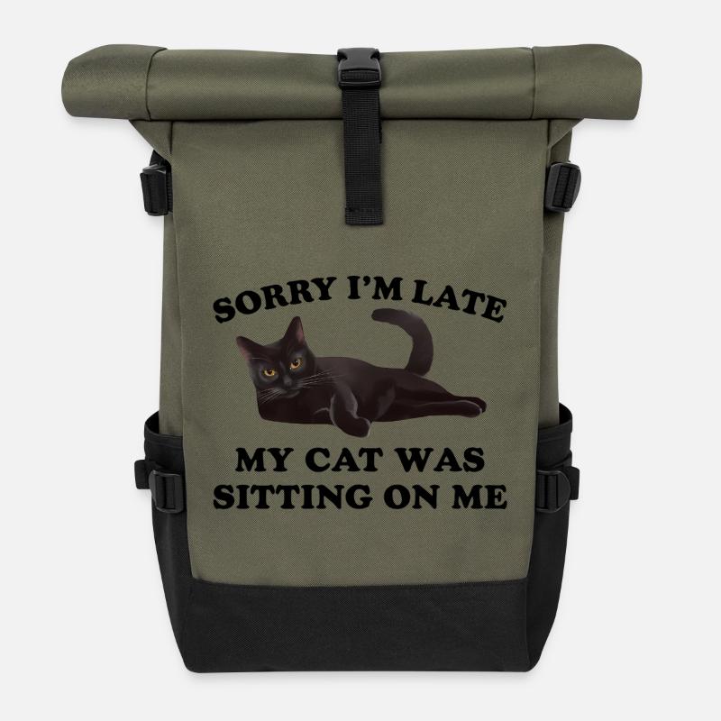 Sorry, ich bin zu spät Lustiger Katzenbesitzer-Spruch - Rolltop Rucksack - Olive/Schwarz