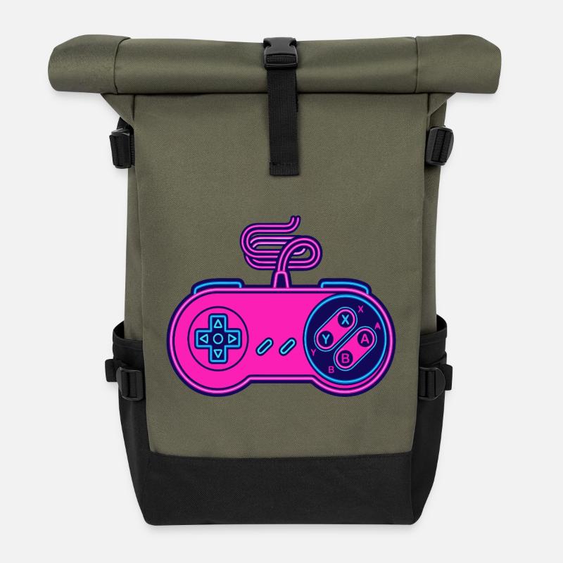 Retro pink neon controller - Roll Top Backpack - olive/black