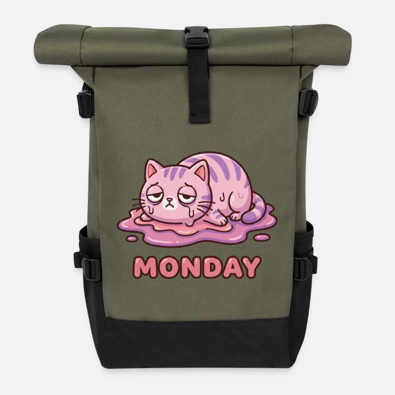 I Hate Mondays - Cute Exhausted Kitty - Roll Top Backpack - olive/black