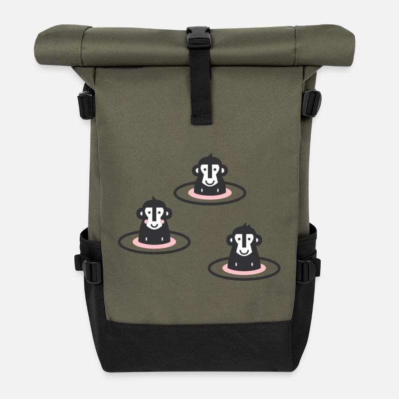 Three Japanese snow monkeys l macaques in onsen l pink - Roll Top Backpack - olive/black