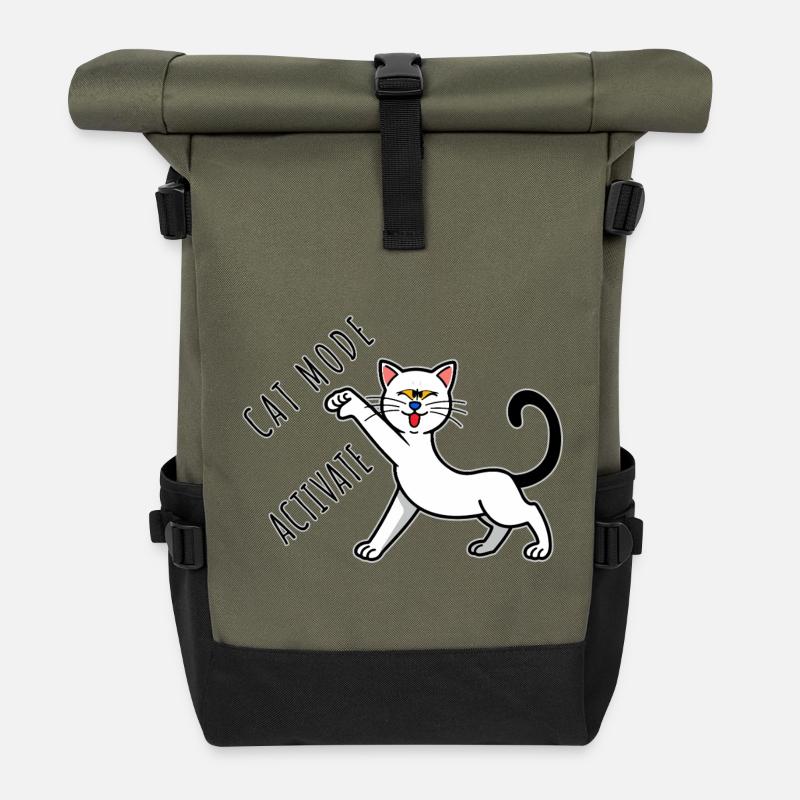Cat Mode Activate - Roll Top Backpack - olive/black