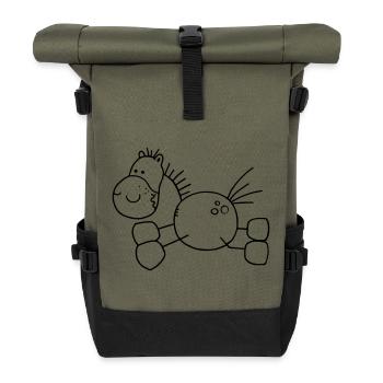 Dickes Cartoon Pferd - Pony - Pferde - Rolltop Rucksack - Olive/Schwarz - Vorne