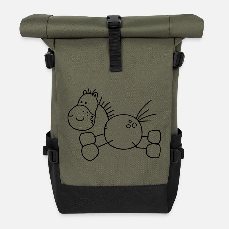 Dickes Cartoon Pferd - Pony - Pferde - Rolltop Rucksack - Olive/Schwarz
