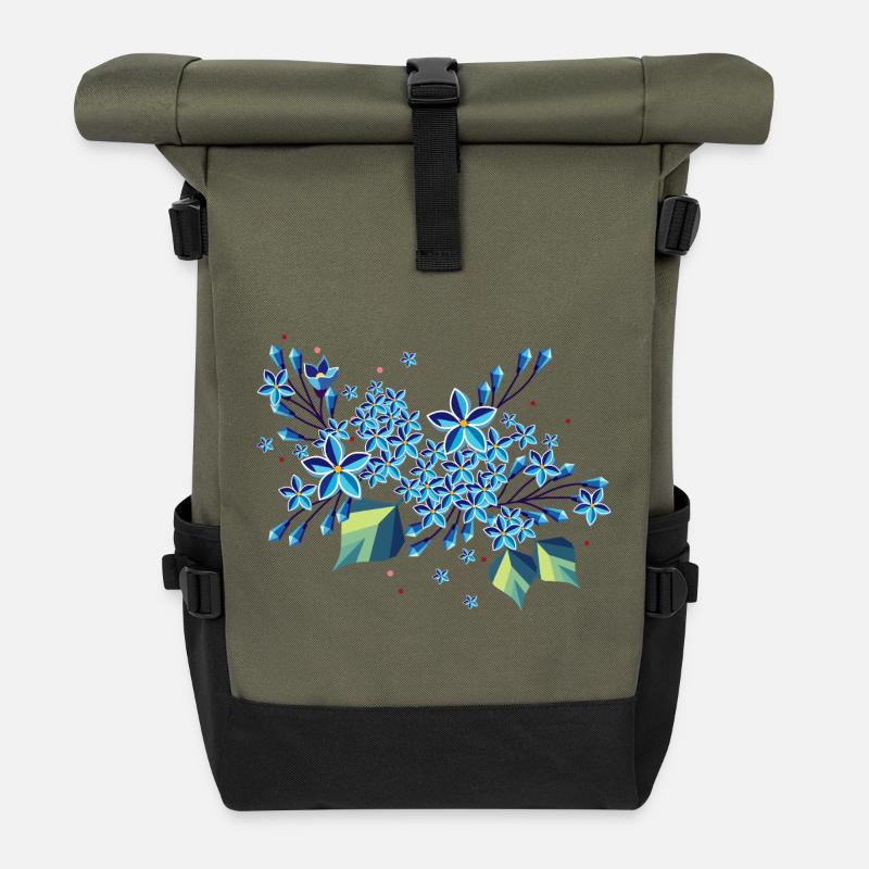 Branche de lilas – des tons bleus élégants dans un design moderne - Sac à dos roll top - olive/noir