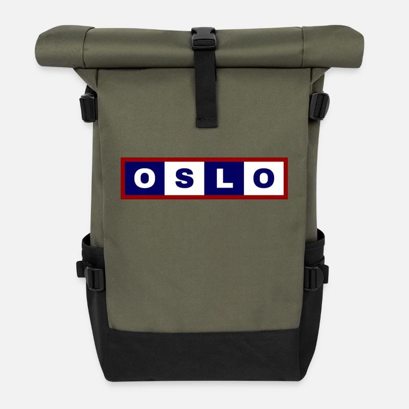Oslo Norway Minimal Typography Design - Roll Top Backpack - olive/black